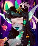 black_hair clothed clothing detailed_background ear_piercing ear_ring forest hair horn night outside piercing plant ring_piercing solo tree pacevanrign dark_elf elf humanoid 2022 digital_media_(artwork) lineless