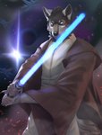 anthro blue_eyes blue_lightsaber death_star jedi lightsaber male melee_weapon scar solo weapon kirchen mythology star_wars rakan canid canine canis mammal mythological_canine mythological_creature werecanid werecanine werecreature werewolf wolf 2020 digital_media_(artwork) hi_res