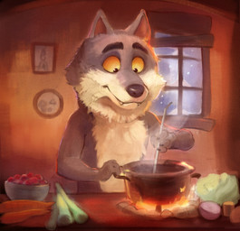 anthro black_nose carrot cooking cooking_pot fangs fire food fur grey_body grey_fur lettuce male multicolored_body multicolored_fur plant solo teeth two_tone_body two_tone_fur vegetable white_body white_fur yellow_eyes notsophatmatt intermarche_unloved albert_(intermache_unloved) canid canine canis mammal wolf absurd_res colored digital_drawing_(artwork) digital_media_(artwork) hi_res shaded