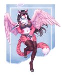 4_toes 5_fingers anthro black_hair breasts clothed clothing eyebrows eyelashes feathered_wings feathers feet female fingers hair halo pink_body pink_feathers smile solo toes translucent translucent_clothing translucent_underwear underwear wings littlemomoko 2021 digital_media_(artwork) hi_res