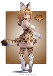 blush bow_tie breasts butt butt_pose clothing fingers_together footwear inner_ear_fluff pose shoes tail text tuft yororiso kemono_friends serval-chan humanoid 2024 comic cover japanese_text