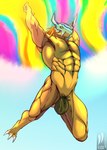 abs anthro armor biceps bulge charging_up claws energy_ball green_eyes hair headgear helmet lgbt_pride male mostly_nude muscular muscular_anthro muscular_legs muscular_male nipples pecs pouch_(clothing) pride_colors red_hair solo iudicium86 bandai_namco digimon digimon_(species) scalie wargreymon hi_res