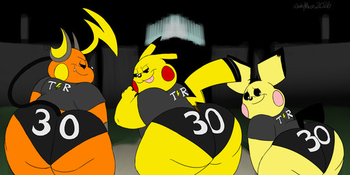 anthro big_butt black_bottomwear black_clothing black_ear_tips black_hair black_markings black_sclera black_tail black_tail_tip bottomwear brown_ear_tips brown_markings butt butt_focus city cityscape closed_smile clothed clothing detailed_background dipstick_ears dipstick_tail ear_markings fangs grass grey_clothing grey_shirt grey_topwear grin grinning_at_viewer group hair looking_at_viewer looking_back male markings mouth_closed multicolored_ears narrowed_eyes night number_on_clothing orange_body outside overweight overweight_male pink_cheeks plant presenting presenting_hindquarters rear_view red_cheeks shirt size_difference skimpy smile smiling_at_viewer tail tail_markings teasing_with_butt teeth text text_on_bottomwear text_on_clothing text_on_shirt text_on_topwear thick_thighs tongue tongue_out topwear trio white_eyes wide_hips yellow_body yellow_cheeks yellow_ears yellow_tail yellow_tail_tip chonkymouse nintendo pokemon pace_(blastoiseanimator) pedro_(blastoiseanimator) riley_(blastoiseanimator) generation_1_pokemon generation_2_pokemon pichu pikachu pokemon_(species) raichu 2026 colored digital_media_(artwork) english_description flat_colors hi_res