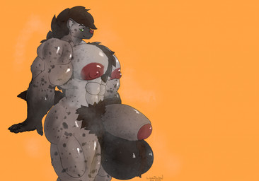 anthro big_muscles big_nipples big_pecs body_hair butt clothing flaccid fur genitals glistening glistening_body green_eyes grey_body grey_fur huge_muscles huge_nipples huge_pecs hyper hyper_muscles looking_at_viewer male mohawk muscular musk musky_armpit musky_balls musky_penis nipples pecs penis side_view simple_background solo tail underwear liamjackal rag_(liamjackal) hyena mammal hi_res