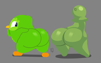 anthro beak bent_over big_butt black_eyes butt chess_piece cross-popping_vein duo feathers green_body green_feathers grey_background half-closed_eyes hand_on_butt hand_on_face hand_on_own_butt hand_on_own_face looking_back male mascot multicolored_body multicolored_feathers narrowed_eyes orange_beak pawn_(chess) presenting presenting_hindquarters rear_view simple_background smile thick_thighs two_tone_body two_tone_feathers completedlemon chess.com duolingo duo_(duolingo) animate_inanimate avian bird mammal owl 2025 digital_media_(artwork) hi_res signature
