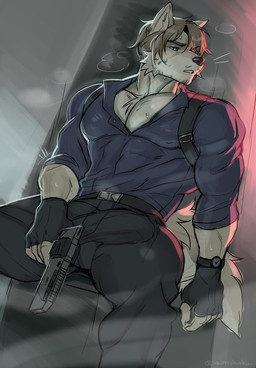 anthro bottomwear bulge clock clothed clothing detailed_bulge fingerless_gloves genital_outline gloves gun handwear male pants penis_outline ranged_weapon shirt solo topwear unbuttoned_shirt watch weapon wristwatch sadmishutka_(artist) capcom resident_evil leon_kennedy canid canine mammal 2026 hi_res