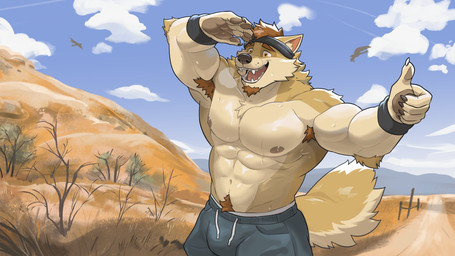 abs accessory anthro areola armpit_hair biceps body_hair bulge chest_tuft claws clothed clothing deltoids fangs finger_claws happy_trail headband hitchhiking male muscular muscular_anthro muscular_male nipples pecs pube_peek pubes serratus solo stocky sweaty_abs teeth topless topless_anthro topless_male trapezius tuft v-cut patt_jewanarom alejandro_(patt_jewanarom) ambient_bird canid canine canis mammal wolf 16:9 2025 absurd_res hi_res widescreen
