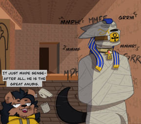 anthro ball_gag bdsm bondage bound clothing collar duo fur gag gagged hat headgear headwear jewelry male male/male muffled mummification restrained sox_the_otter submissive tail tail_motion tailwag temple text wrapped_up mrpawpaw egyptian_mythology middle_eastern_mythology mythology anubis deity mammal mummy mustelid otter undead digital_media_(artwork) english_text
