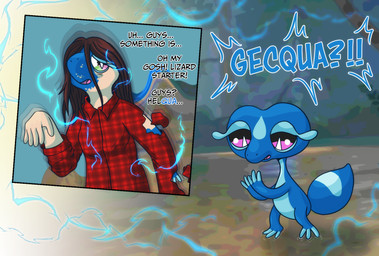 3_fingers 3_toes 5_fingers black_sclera blue_body blue_skin clothing dialogue feet female feral fingers flannel flannel_shirt human_to_feral loss_of_speech mid_transformation multicolored_sclera pink_sclera pokemon_speak reality_shift shrinking size_transformation species_transformation tail text toes torn_clothing transformation transformation_sequence two_tone_sclera unmoving_pattern bunnysquish nintendo pokemon pokemon_winds_and_waves gecqua generation_10_pokemon human mammal pokemon_(species) reptile scalie 2026 english_text hi_res