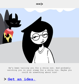 anthro black_body black_fur black_hair buckteeth clothed clothing duo eyewear fur furniture glasses hair looking_back pixelated simple_background sofa standing_behind teeth text torn_clothing white_body white_eyes wings uglycoal homestuck ms_paint_adventures bec_noir jade_harley comic digital_drawing_(artwork) digital_media_(artwork) english_text hi_res shaded simple_shading
