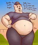 abdominal_bulge anthro baseball_cap belly big_belly breasts clothing dialogue female female_pred female_prey fully_inside hat headgear headwear leggings legwear navel shirt solo struggling t-shirt talking_to_prey text thick_thighs topwear vore oystercatcher7 disney zootopia major_friedkin bear mammal polar_bear ursine english_text hi_res