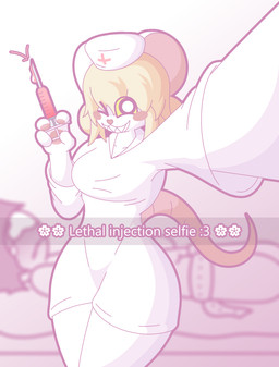 4_fingers ambiguous_gender anthro bent_arm blonde_hair blush bodily_fluids bound breasts clothed clothed_anthro clothed_female clothing crying dominant dominant_female duo extended_arm female fingers fully_clothed fully_clothed_anthro fully_clothed_female fur hair hat headgear headwear imminent_death injection looking_at_viewer lying mouse_ears nurse_clothing nurse_hat nurse_headwear on_back one_eye_closed pointed_tail pupils restrained_legs sad short_hair standing submissive submissive_ambiguous syringe tail taking_picture taking_selfie tears text thick_thighs three-quarter_view toothy_grin wavy_tail white_body white_fur white_pupils wide_hips wink winking_at_viewer yellow_sclera frackntoaster terrible_mouse anon lorna_(terrible_mouse) mammal mouse murid murine rodent 2026 cel_shading digital_drawing_(artwork) digital_media_(artwork) english_text hi_res portrait shaded three-quarter_portrait