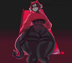 accessory anthro belt clothing crop_top ear_piercing furgonomics garter_straps hair horn latex latex_clothing latex_skinsuit looking_at_viewer looking_down male multi_horn piercing red_background red_clothing red_eyes red_hair red_shirt red_topwear shirt simple_background skinsuit solo spade_tail tail tail_accessory tailband thick_thighs tight_clothing topwear wide_hips themercart dreddy_(dreddyhypno) bovid caprine goat imp mammal hi_res