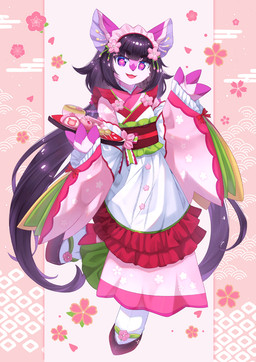 accessory anthro asian_clothing biped black_hair black_nose clothed clothing countershade_face countershade_fur countershading east_asian_clothing eyebrows female food front_view fur hair hair_accessory holding_tray hoof_hands japanese_clothing kemono long_hair looking_at_viewer multicolored_body multicolored_fur open_mouth open_smile pink_body pink_fur pupils smile solo tongue two_tone_body two_tone_fur unusual_pupils white_body white_countershading white_fur sunnynoga yuuka_(myaoduixa) deer mammal 2026 hi_res