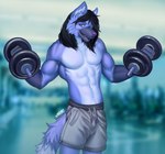 abs anthro athletic athletic_anthro athletic_male biceps black_hair blue_body blue_fur blurred_background bottomwear cheek_tuft clothed clothing dumbbell facial_tuft fur hair inner_ear_fluff long_hair looking_at_viewer male open_mouth open_smile pecs photo_background purple_eyes shorts smile solo teeth tongue topless tuft weights variri shane_radcliff canid canine canis domestic_dog mammal 2022 digital_media_(artwork) photography_(artwork)