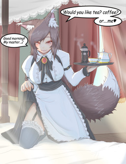 bed breasts brown_body brown_fur brown_hair clothing container cup female fur furniture hair heart_symbol inner_ear_fluff inside legwear looking_at_viewer maid_uniform master open_mouth red_eyes solo steam stockings teapot text tray tuft uniform white_body white_fur cube85 mythology touhou kagerou_imaizumi animal_humanoid canid canid_humanoid canine canine_humanoid canis humanoid mammal mammal_humanoid mythological_canine mythological_creature werecanid werecanine werecreature werewolf wolf wolf_humanoid 2016 english_text hi_res