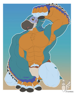 abs beak biceps black_beak border brown_eyes bulge clothing flexing forearm_muscles gradient_background kneeling lines_drawn male multicolored_body muscular muscular_male pecs serratus simple_background underwear white_border fuenmax breath_of_the_wild nintendo the_legend_of_zelda kass_(tloz) avian rito 2026 4:5 absurd_res flat_colors hi_res