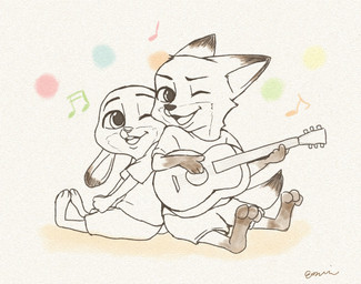 acoustic_guitar anthro clothed clothing duo fully_clothed fur guitar holding_guitar holding_musical_instrument holding_object musical_instrument musical_note musical_symbol one_eye_closed open_mouth open_smile plucked_string_instrument simple_background smile string_instrument symbol white_background wink ezumi_mh disney zootopia judy_hopps nick_wilde canid canine fox lagomorph leporid mammal rabbit red_fox true_fox hi_res