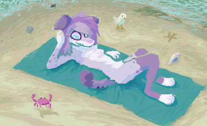 anthro beach blue_eyes detailed_background female fur lying on_back open_mouth open_smile purple_body purple_fur sand scene_haircut seashell shell smile solo toony water demensa aquatic arthropod asterozoan avian bird canid canine canis crab crustacean decapod domestic_dog echinoderm gull lari larid malacostracan mammal starfish 2025 digital_media_(artwork) hi_res pixel_(artwork)