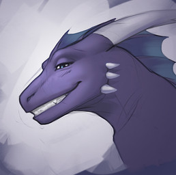ambiguous_form ambiguous_gender blue_eyes blue_frill cheek_spikes facial_spikes frill_(anatomy) glistening glistening_eyes grin head_crest head_frill horn purple_body side_view simple_background smile solo spikes spikes_(anatomy) white_horn darkgem mythology dragon mythological_creature mythological_scalie scalie