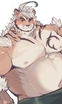 absurd_res ahoge anthro belly blush bottomwear clothed clothing eyebrows felid fur hair hi_res hombre_tigre_(tas) ituduki_aaa lifewonders looking_at_viewer male mammal musclegut muscular navel nipples orange_body orange_fur pantherine pecs shorts smile solo striped_body striped_fur stripes thick_eyebrows tiger tokyo_afterschool_summoners topless white_hair