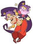 blue_eyes blush breasts clothing duo female footwear hair humanoid_pointy_ears long_hair navel not_furry one_eye_closed open_mouth open_smile pointy_ears simple_background smile wink splashbrush kirby_(series) nintendo shantae_(series) wayforward kirby shantae alien genie humanoid waddling_head 2017 crossover hi_res