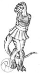 anthro bottomwear breasts cheerleader claws clothed clothing female looking_at_viewer non-mammal_breasts scu_gang shirt shy skirt smile solo standing striped_body stripes teeth text text_on_clothing text_on_shirt text_on_topwear toe_claws topwear uniform predaguy anthrosaurs amber_(raphael) allosaurid allosaurus dinosaur ornithischian prehistoric_species reptile scalie theropod 2014 digital_media_(artwork) english_text monochrome sketch url