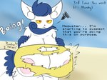 annoyed anthro big_breasts bored breasts clothing english_text female generation_6_pokemon hand_on_breast hi_res huge_breasts meowstic nintendo nipples pokemon pokemon_(species) punch_pubby solo speech_bubble text topwear torn_clothing torn_topwear unimpressed wardrobe_malfunction