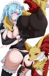 anthro big_breasts big_butt bite biting_lip black_body black_fur blue_hair blush breasts butt butt_grab clothing duo fangs female female/female female_on_anthro fur genitals gloves grabbing_from_behind hair hair_between_eyes hair_over_eye hand_on_butt handwear huge_breasts huge_butt human_on_anthro interspecies legwear looking_at_viewer maid_apron maid_headdress maid_uniform one_eye_obstructed pink_eyes pokephilia presenting presenting_hindquarters presenting_pussy pussy red_body red_eyes red_fur smile smug tail teeth thick_thighs thigh_highs thong twintails_(hairstyle) underwear uniform white_body white_fur wide_hips yellow_body yellow_fur abirdeer nintendo pokemon akeno_(itsnafulol) canid canine delphox generation_6_pokemon human mammal pokemon_(species) hi_res