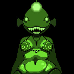 anthro beady_eyes bioluminescence black_and_green black_background bra breasts clothing ear_fins female fin for_a_head front_view glowing glowing_eyes glowing_teeth green_body green_skin horror_(theme) jewelry light looking_at_viewer looking_forward monster_girl_(genre) navel necklace open_mouth simple_background solo teeth underwear dreamscreep art_fight anglerfish aquatic fish 1:1 cel_shading colored dark_theme digital_media_(artwork) green_monochrome green_theme half-length_portrait high_contrast lighting low_res monochrome pixel_(artwork) portrait shaded