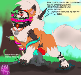 asphyxiation bell bell_collar claws collar dialogue dirty dominant drowning duo feral genitals killing knot knotted_penis larger_dom machine male male/male mask masochism mean mechanical_leg mud mud_covered outside outside_sex paws penis sex size_difference suicidal_ideation taunting text wearing_mask andromeda_hinashin nintendo pokemon sizzle_(salandit) solphy_(andromedahinashin) canid canine dusk_lycanroc generation_7_pokemon lycanroc mammal pokemon_(species) reptile salandit scalie english_text hi_res