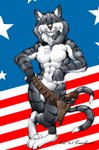 abs american_flag anthro belt fur grey_body grey_fur gun gun_belt handgun holster male mascot multi_tail pistol ranged_weapon revolver solo stripes tail united_states_of_america weapon white_body white_fur karabiner domestic_cat f-14_tomcat felid feline felis mammal tom_cat_(disambiguation) hi_res signature