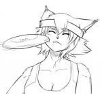 accessory black_and_white breasts canid canine cleavage clothed clothing collision eyes_closed female frisbee hair headband humor imminent_pain japanese_kobold kemono mammal meme monochrome monster_girl_(genre) monster_musume polt_(monster_musume) ricedawgv2 solo