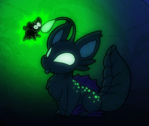 ambiguous_gender blue_body duo feral fin glowing glowing_markings green_markings lure_(anatomy) markings micro purple_markings quadruped shocked size_difference tail whiskers white_eyes juccesnaccbar failbetter_games fallen_london nintendo pokemon belle_(juccesnaccbar) k'aazast generation_2_pokemon lampcat miltank pokemon_(species) nonbinary_(lore)