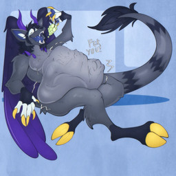 after_vore angry anthro anthro_pred anthro_prey belly black_body black_ears blue_background blue_insides blue_tongue censored_profanity claws duo eating eyes_closed female food fruit gesture grape grey_arms grey_belly grey_body grey_legs grey_tail hand_gesture holding_food holding_object horn kick middle_finger open_mouth plant profanity purple_horn purple_wings simple_background tail tongue tongue_out vore wings yelling yellow_claws umbreon_(artist) species_request 1:1 2026 hi_res shaded soft_shading