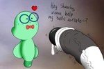 balls big_balls big_penis blush bodily_fluids bow_tie dialogue dot_eyes duo erection eyewear genital_fluids genitals glasses green_body huge_balls huge_penis male male/male penis precum question_mark smile text gigaboy cartoon_network we_bare_bears shmorby worm english_text