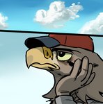 accipitrid accipitriform amphibian anthro avian beak bird brown_body brown_feathers clothed clothing cloud eagle feathers frog guran_ji_(shurueder) hand_on_cheek hat headgear headwear male pareidolia pondering shurueder sky solo thinking