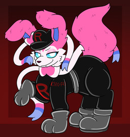 big_ears blue_eyes boots clothing fangs feral footwear fur gloves handwear keroberos_(keroberos) latex latex_boots latex_clothing latex_footwear latex_gloves latex_handwear latex_skinsuit looking_at_viewer male pink_body pink_fur presenting sharp_teeth shoes skinsuit smug solo team_rocket_uniform team_rubber_rocket teeth tight_clothing uniform white_body white_fur dizzydreadful nintendo pokemon team_rocket eeveelution generation_6_pokemon pokemon_(species) sylveon hi_res