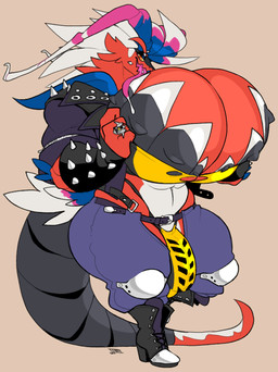 anthro armband big_breasts breasts bulge clothed clothed_anthro clothed_gynomorph clothing footwear gynomorph huge_breasts intersex muscular piercing pokemorph ring shoes simple_background solo spiked_armband spikes tail thick_thighs tongue tongue_out tongue_piercing jinti nintendo pokemon ancient_pokemon apex_build_koraidon generation_9_pokemon koraidon legendary_pokemon paradox_pokemon pokemon_(species) 2023 digital_media_(artwork) hi_res signature