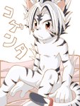 5_fingers anthro balls bed blush embarrassed fingers flaccid fur furniture genitals hair male navel nipples nude_male on_bed penis red_eyes serious simple_background sitting sitting_on_bed solo stripes tail text white_background white_body white_fur white_hair young young_anthro young_male konsuke onmyou_taisenki kogenta_(onmyou_taisenki) felid mammal pantherine tiger 2004 3:4 archived_source japanese_text low_res