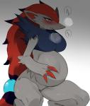 anthro belly big_belly black_body black_fur blush bodily_fluids breath claws crouching female fur grey_background grey_body grey_fur hair pregnant pregnant_anthro pregnant_female red_hair simple_background solo sweat text agemono nintendo pokemon canid canine generation_5_pokemon mammal pokemon_(species) zoroark japanese_text