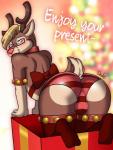 all_fours anthro antlers balls_outline blush bulge butt christmas clothed clothing collar conditional_dnp deer detailed_bulge drako1997 english_text eyewear fur genital_outline gift girly glasses hair hi_res holidays horn legwear looking_back looking_down male mammal new_world_deer panties presenting presenting_hindquarters rear_view reindeer smile solo stockings text topless underwear