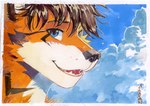 anthro black_markings blue_eyes brown_hair cloud facial_markings fangs fur glistening glistening_eyes hair head_markings male markings open_mouth orange_body orange_fur short_hair sky solo teeth white_body white_fur akatan_art akatan_(character) canid mammal hi_res traditional_media_(artwork)