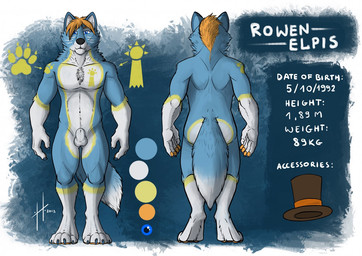 animal_genitalia anthro balls blue_body blue_claws blue_eyes blue_fur chest_markings claws facial_markings finger_claws front_view fully_sheathed fur genitals glistening glistening_eyes gloves_(marking) hair head_markings leg_markings looking_at_viewer male male_anthro markings messy_hair mouth_closed nude orange_hair orange_pawpads pawpads rear_view sheath short_hair socks_(marking) solo standing toe_claws white_balls white_body white_fur white_markings white_sheath yellow_markings hufnaar rowen_elpis canid canine mammal 2018 dated model_sheet signature