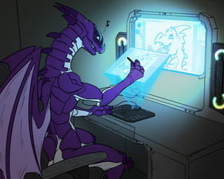 anthro chair computer computer_keyboard computer_monitor computer_mouse computer_screen desk drawing_tablet electronics furniture futuristic glowing happy hologram male musical_note musical_symbol office_chair projection science_fiction solo symbol table tablet tablet_pen wings conditional_dnp samagthrav2 synth_dragon_(levarath) synth_(vader-san) 2021 5:4 absurd_res digital_media_(artwork) hi_res paint_tool_sai_(artwork) sketch