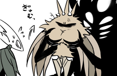 2_horns 3_horns 8_eyes ambiguous_gender angry anthro black_body bodily_fluids bottomless bottomless_anthro breast_grab breast_grab_from_behind breasts cloak clothed clothing cross-popping_vein directional_arrow feathers featureless_breasts female fluffy fluffy_breasts green_cloak green_clothing group hand_on_breast holding_another horn messy_feathers multi_eye multi_horn nude_anthro scared shadow_face simple_background size_difference spikes spikes_(anatomy) sweat sweatdrop tan_body tan_feathers tan_head tan_wings text trio white_background white_eyes white_head souhakuno_tinko hollow_knight_(franchise) team_cherry hollow_knight_(character) radiance_(hollow_knight) shade_lord_(hollow_knight) arthropod insect lepidopteran moth shadow_creature vessel_(species) 2025 colored_sketch digital_media_(artwork) flat_colors handwritten_text hi_res japanese_text sketch translation_request nonbinary_(lore) sibling_(lore)