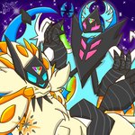 ambiguous_gender blue_body blue_eyes cosmic_background duo feral fur pink_eyes smile space space_background star yellow_body lewdchuu_(artist) nintendo pokemon dawn_wings_necrozma dusk_mane_necrozma generation_7_pokemon legendary_pokemon lunala necrozma pokemon_(species) solgaleo 1:1 hi_res