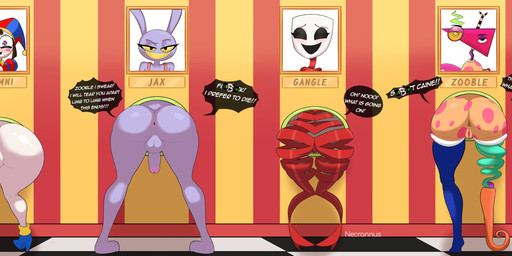 anthro anus backsack balls big_butt brown_clothing brown_footwear brown_shoes bubble_butt butt butt_size_difference caine_censorship censor_bar clothing darkened_anus dialogue doll female femboy fluffy fluffy_tail footwear fur genitals glans glistening glistening_body glistening_butt glistening_fur glistening_skin group high_heels huge_butt huge_hips huge_thighs humanoid_genitalia humanoid_penis light-skinned_female light_body light_skin lineup male markings nude nude_anthro nude_female nude_human nude_humanoid nude_male orange_body orange_skin penis perineum pink_body pink_glans pink_skin pink_spots plump_labia purple_balls purple_body purple_fur purple_penis purple_perineum rag_doll_(toy) red_body shoes short_tail spots spotted_body spotted_skin tail take_your_pick text thick_thighs through_wall vulva white_body white_skin wide_hipped_anthro wide_hipped_female wide_hipped_male wide_hips necronnus glitch_productions the_amazing_digital_circus caine_(tadc) gangle_(tadc) jax_(tadc) pomni_(tadc) ragatha_(tadc) zooble_(tadc) animate_inanimate fabric_creature humanoid lagomorph leporid living_doll living_toy mammal rabbit 2025 absurd_res artist_name digital_media_(artwork) english_text hi_res watermark nonbinary_(lore)