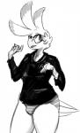 anthro beak black_clothing breasts bulge clothed clothing eyewear feathers glasses gynomorph intersex non-mammal_breasts open_mouth shirt simple_background solo topwear underwear white_background white_body white_feathers dovne dovne_(character) avian bird cockatoo parrot 2017 black_and_white hi_res monochrome