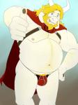 anthro barazoku beard blonde_hair bulge cape clothing facial_hair gesture hair hand_gesture horn long_ears long_horn male mature_anthro mature_male pubes smile solo thumbs_up tongue tongue_out underwear dragonmilktea undertale undertale_(series) asgore_dreemurr boss_monster_(undertale) bovid caprine mammal 2017 3:4 hi_res